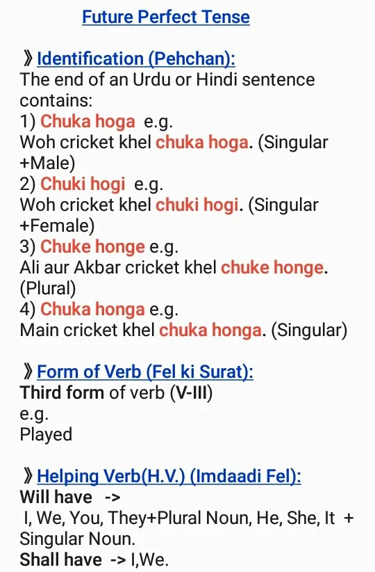 भूतकाल में पहचान के महत्वपूर्ण संकेत (चुका था, चुकी थी, चुके थे) दर्शाने वाला एक आरेख। यह नियम सभी कर्ता के लिए सहायक क्रिया 'had' के उपयोग पर ज़ोर देता है।