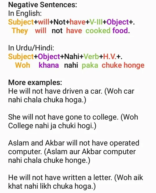 तीन उदाहरणों के साथ एक पाठ्यपुस्तक का चित्रण जो नकारात्मक वाक्यों की संरचना (Subject + Did + Not + V1 + Object) को दर्शाता है।